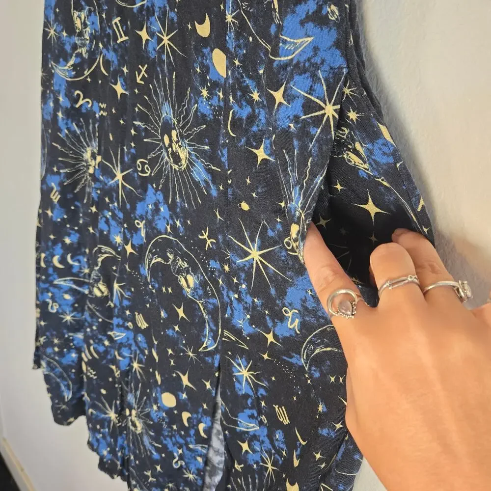 XS – Midnight Hour Black & Blue Celestial Zodiac Midi Skirt with Slits & Pockets